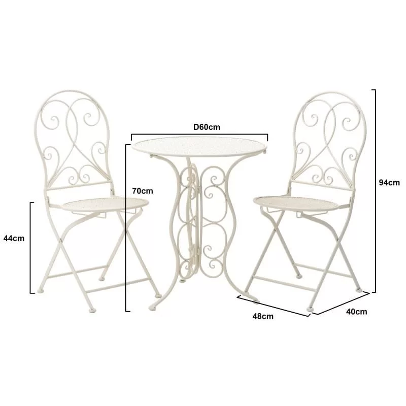 Set masa cu 2 scaune Vintage din fier Ivory 60x70cm