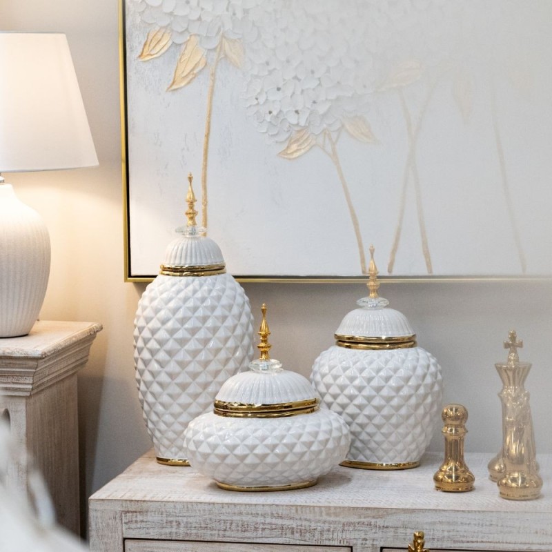 Vaza din ceramica White Golden cu capac 20 cm x 47 cm - Romantic Home Vaza din ceramica White Golden cu capac 20 cm x 47 cm - Romantic Home