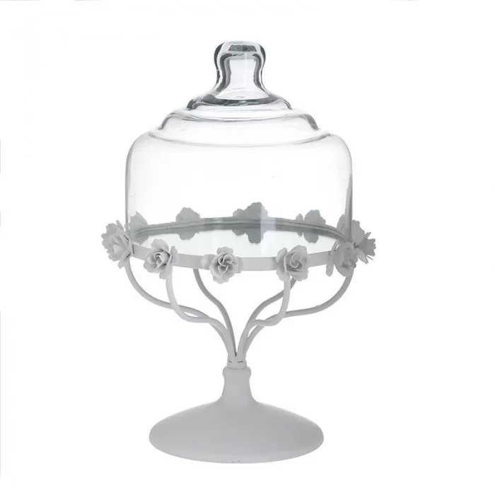 Platou desert cu capac Romantic Roses din sticla si metal Platou desert cu capac Romantic Roses din sticla si metal